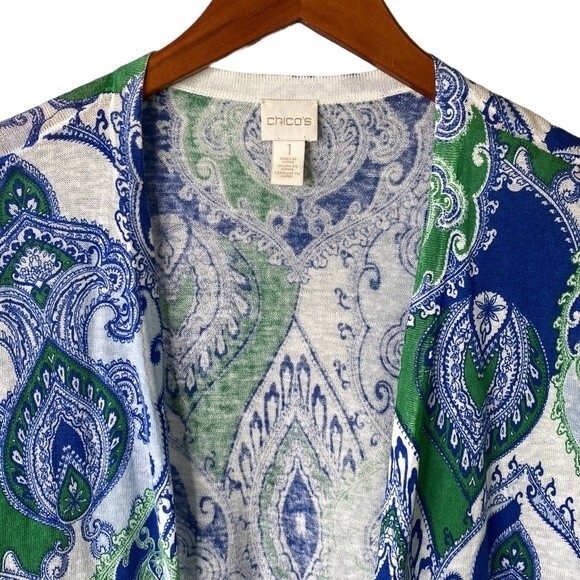 Chico's Cool Paisley Linen Cotton Open Front Cardigan Drape Flare 3/4 Sleeve - Picture 2 of 13